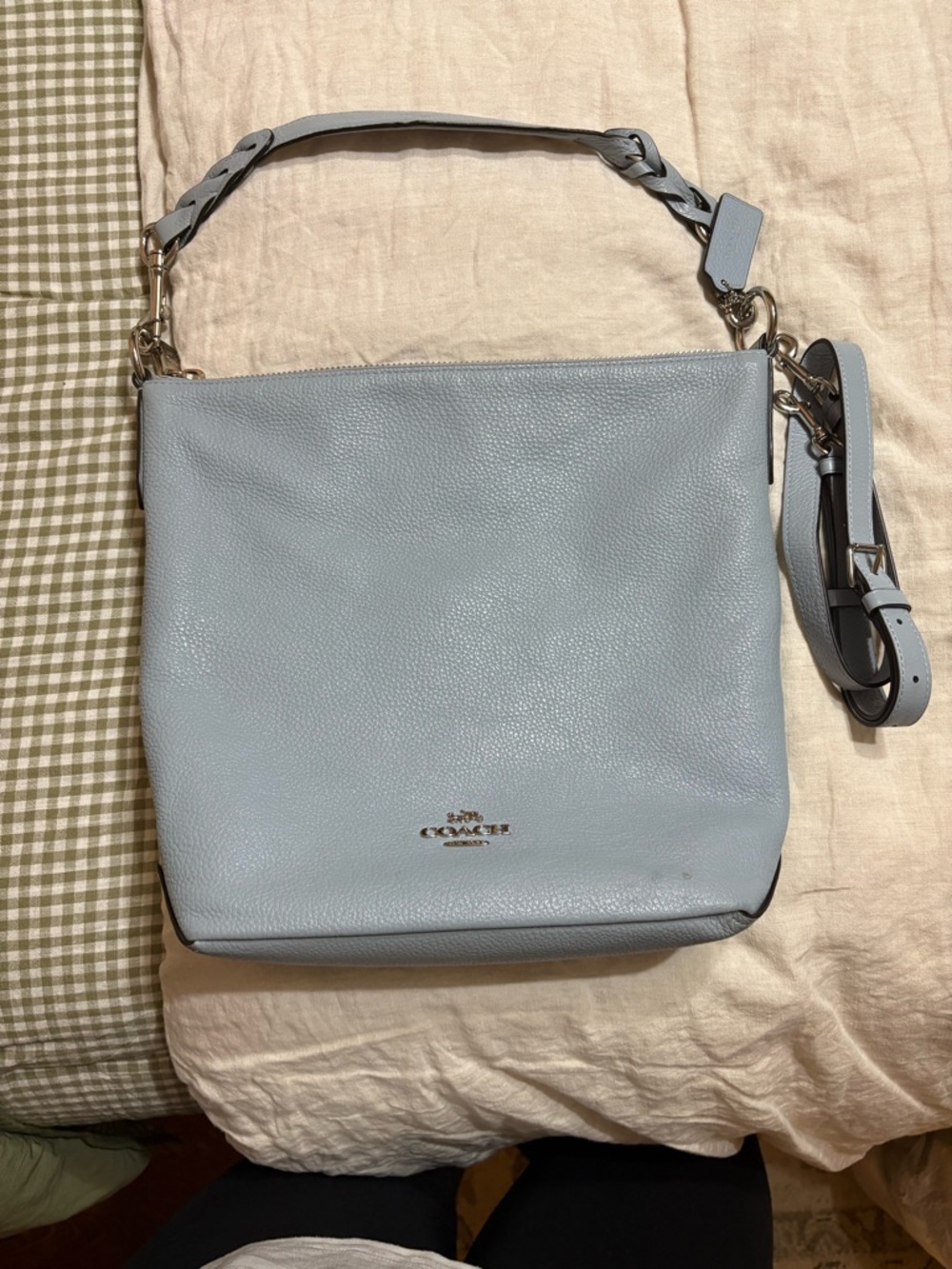 Coach Pebbled Leather Shoulder Tote in Pale Blue